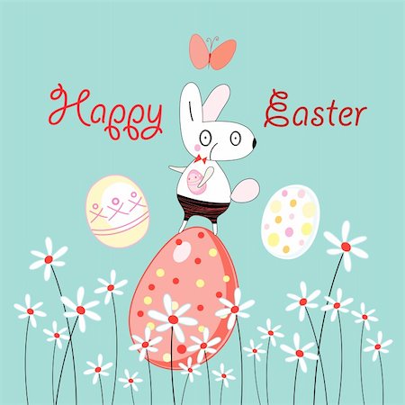 Funny Easter Bunny on a blue background with flowers and eggs Stock Photo - Budget Royalty-Free & Subscription, Code: 400-05754004