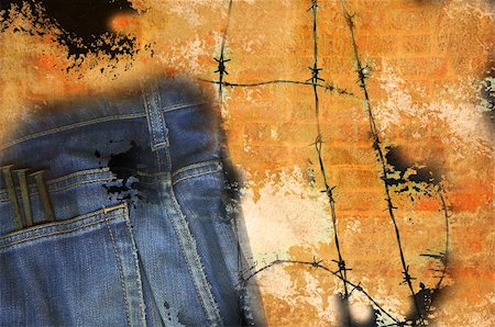 simsearch:400-04157983,k - Grungy montage brick wall with jeans pocket, nails, barbed wire and paint. Foto de stock - Super Valor sin royalties y Suscripción, Código: 400-05754160