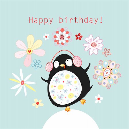 bright greeting card with a penguin among flowers on a blue background Stock Photo - Budget Royalty-Free & Subscription, Code: 400-05754293