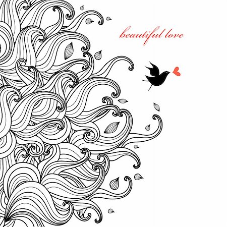 painting abstract bird - plant greeting card with a bird in love on a white background Foto de stock - Super Valor sin royalties y Suscripción, Código: 400-05754354