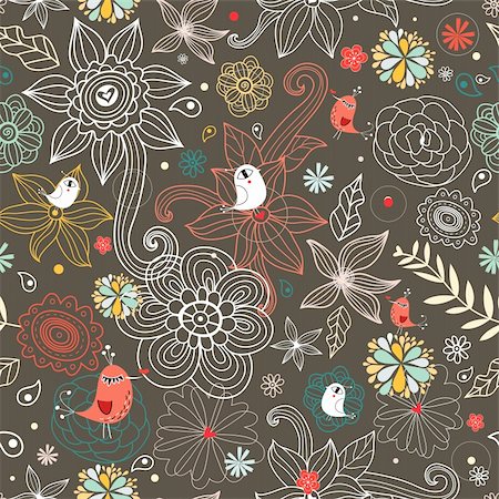 simsearch:400-05912525,k - seamless bright floral pattern with birds on a brown background Stock Photo - Budget Royalty-Free & Subscription, Code: 400-05754353