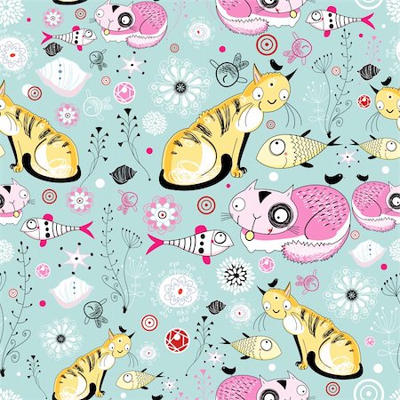 simsearch:400-06100097,k - Seamless floral pattern of the cats and fish on a light blue background Stock Photo - Budget Royalty-Free & Subscription, Code: 400-05755345