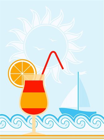 simsearch:400-07324083,k - vector summer background with cocktail, waves and sailboat, Adobe Illustrator 8 format Stock Photo - Budget Royalty-Free & Subscription, Code: 400-05755515