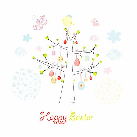 simsearch:400-06100097,k - graphical Easter tree with a chicken on a white background with clouds and butterflies Stock Photo - Budget Royalty-Free & Subscription, Code: 400-05755541