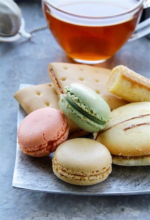 traditional french macarons with tea set on the background Stock Photo - Budget Royalty-Free & Subscription, Code: 400-05750588