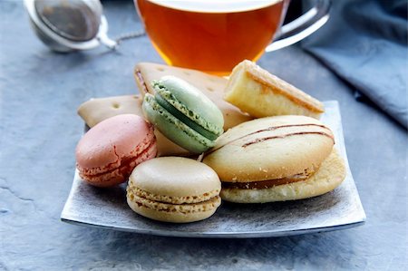 traditional french macarons with tea set on the background Stock Photo - Budget Royalty-Free & Subscription, Code: 400-05751122