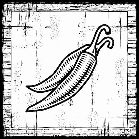 food antique illustrations - Retro chili peppers on wooden background. Black and white vector illustration in woodcut style. Foto de stock - Super Valor sin royalties y Suscripción, Código: 400-05751294