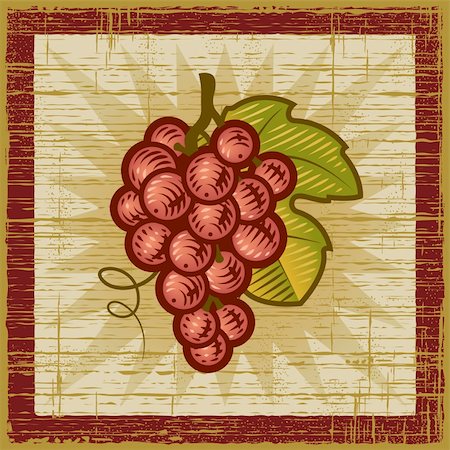food antique illustrations - Retro grapes bunch on wooden background. Vector illustration in woodcut style. Stock Photo - Budget Royalty-Free & Subscription, Code: 400-05751295