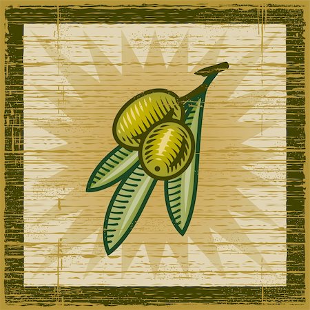 food antique illustrations - Retro olive branch on wooden background. Vector illustration in woodcut style. Foto de stock - Super Valor sin royalties y Suscripción, Código: 400-05751300
