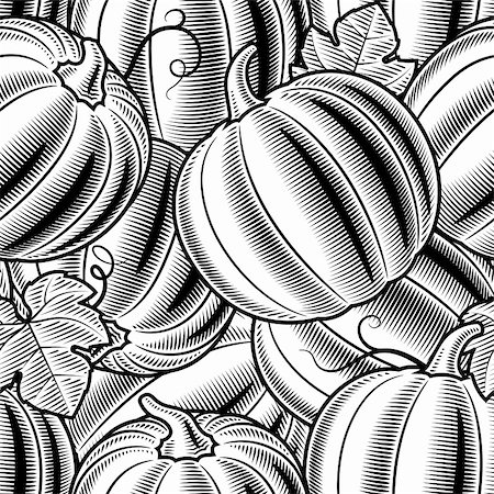 pumpkin leaf pattern - Seamless pumpkin background in woodcut style. Black and white vector illustration with clipping mask. Foto de stock - Super Valor sin royalties y Suscripción, Código: 400-05751301