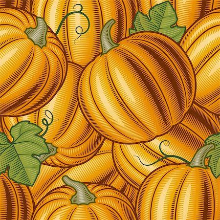 pumpkin leaf pattern - Seamless pumpkin background in woodcut style. Vector illustration with clipping mask. Foto de stock - Super Valor sin royalties y Suscripción, Código: 400-05751302
