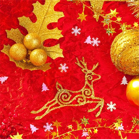 simsearch:400-09089937,k - Christmas card background golden and red with baubles stars santa reindeer Stock Photo - Budget Royalty-Free & Subscription, Code: 400-05752004