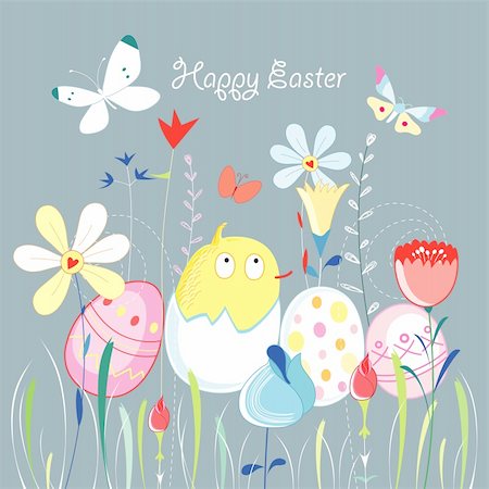 drawing designs for greeting card - Easter greeting card with a chicken on a background of flowers and grass moths Stock Photo - Budget Royalty-Free & Subscription, Code: 400-05752018