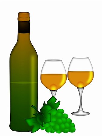 simsearch:400-08502521,k - Bottle of White Wine with Two Wine Glasses and Bunch of Grapes Isolated on White Background Illustration Foto de stock - Super Valor sin royalties y Suscripción, Código: 400-05752488