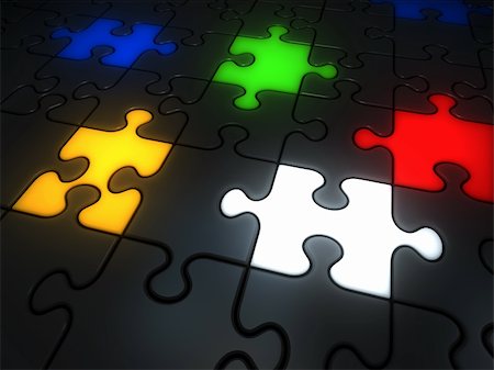 Glowing colorful jigsaw pieces: red, white, yellow, green and blue. Fotografie stock - Microstock e Abbonamento, Codice: 400-05752662