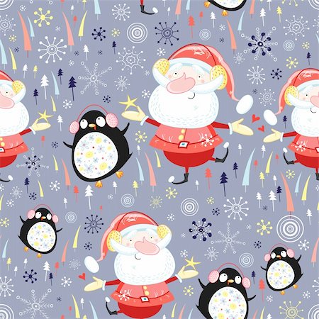 New seamless pattern of dancing Santa and Penguins on a violet background with snowflakes and Christmas trees Stock Photo - Budget Royalty-Free & Subscription, Code: 400-05752719