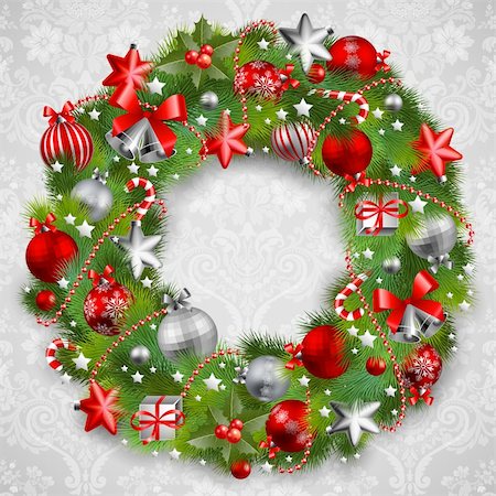 simsearch:400-04264886,k - Christmas wreath with baubles and christmas tree. Vector illustration. Foto de stock - Royalty-Free Super Valor e Assinatura, Número: 400-05752765
