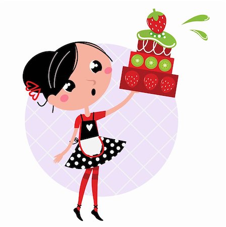 simsearch:400-04139196,k - Cute retro girl holding Cake. Vector cartoon illustration Foto de stock - Royalty-Free Super Valor e Assinatura, Número: 400-05752998