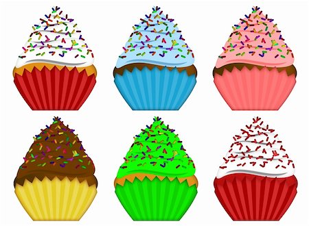 Six Variety Pack Cupcakes with Colorful Chocolate Sprinkles Illustration Isolated on White Background Stock Photo - Budget Royalty-Free & Subscription, Code: 400-05753570