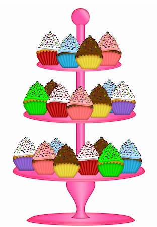Cupcakes on Pink Three Tier Cake Stand Illustration Isolated on White Background Stock Photo - Budget Royalty-Free & Subscription, Code: 400-05753571