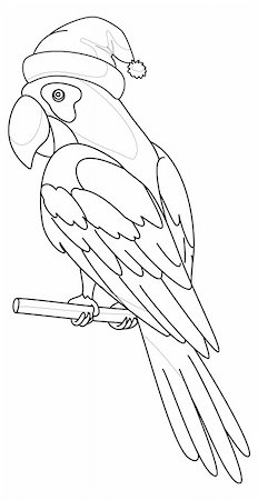 perruche - Christmas cartoon: parrot in Santa Claus hat sits on a wooden pole, contours, vector Photographie de stock - Aubaine LD & Abonnement, Code: 400-05876148