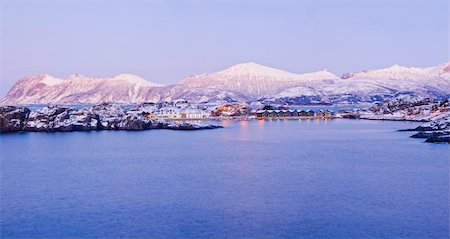 scandinavian blue house - Panorama. Polar night in Norway. Mountains, fjords, and the moon, typical Norwegian house Stock Photo - Budget Royalty-Free & Subscription, Code: 400-05876151