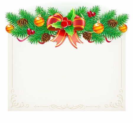 decorative borders for greeting cards - Vector illustration of Christmas decorative frame evergreen branches, red ribbon, pinecones, holly leaves, berries and red bow Stock Photo - Budget Royalty-Free & Subscription, Code: 400-05876224