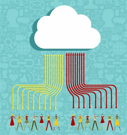 simsearch:400-05877445,k - People holding hands under cloud with social media communication icons with arrows going up and down on blue background.  Vector file available. Foto de stock - Super Valor sin royalties y Suscripción, Código: 400-05877446