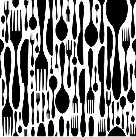 simsearch:400-04357357,k - Cutlery icons seamless pattern background. Fork, knife and spoon silhouettes on different sizes in black and white colors. Vector available. Photographie de stock - Aubaine LD & Abonnement, Code: 400-05877476