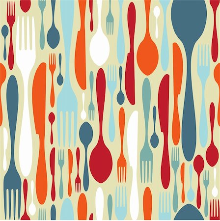 simsearch:400-05877482,k - Silverware icons seamless pattern background. Fork, knife and spoon silhouettes on different sizes and colors. Vector avaliable. Stock Photo - Budget Royalty-Free & Subscription, Code: 400-05877471