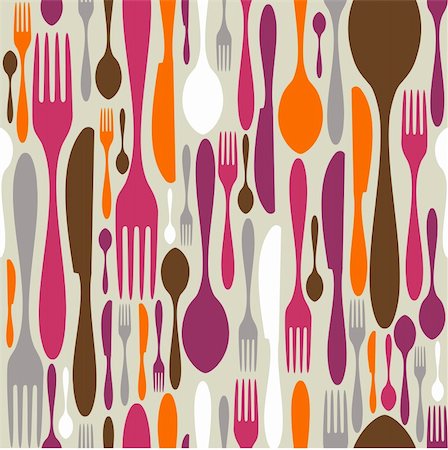 simsearch:400-04357357,k - Silverware icons seamless pattern background. Fork, knife and spoon silhouettes on different sizes and colors. Vector avaliable. Photographie de stock - Aubaine LD & Abonnement, Code: 400-05877472