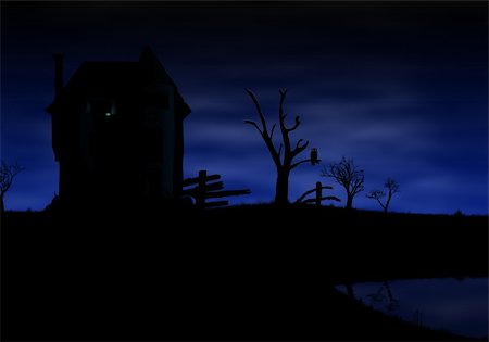 spooky night sky - spooky abandoned house by the lake in the night Stock Photo - Budget Royalty-Free & Subscription, Code: 400-05878626