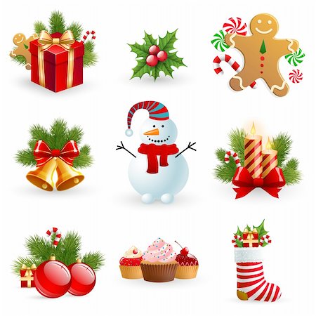 simsearch:400-07838225,k - Christmas object element - fir tree snowman gingerbread gift candle sock bell ball holy berry. Photographie de stock - Aubaine LD & Abonnement, Code: 400-05878779
