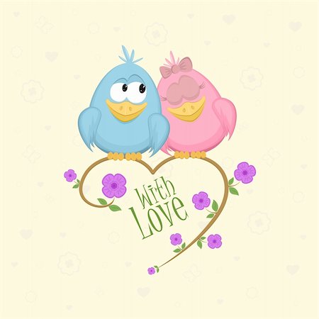 Love birds on the branch with flowers and leaves. Vector Illustration. Stock Photo - Budget Royalty-Free & Subscription, Code: 400-05879051