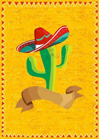 sombrero - Mexican funny cactus cartoon character and ribbon illustration over grunge background. Useful for menu design. Fotografie stock - Microstock e Abbonamento, Codice: 400-05879528