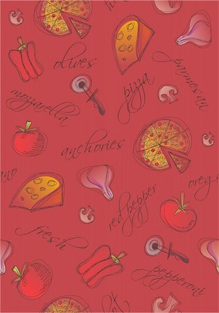Pattern of pizza and ingredients with words on red background. Vector available Stock Photo - Budget Royalty-Free & Subscription, Code: 400-05879564