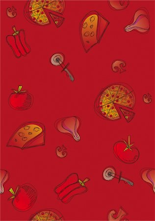 Pattern of pizza and ingredients on red background. Vector available Photographie de stock - Aubaine LD & Abonnement, Code: 400-05879565