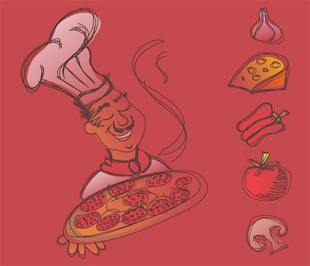 red pepper drawing - Chef with a pizza in the hands and ingredients of the italian pizza on red background. Vector available Stock Photo - Budget Royalty-Free & Subscription, Code: 400-05879566