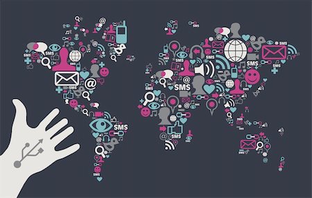 simsearch:400-04844536,k - Social media icons set in World Map shape with one USB white hand over black background. Vector file available. Photographie de stock - Aubaine LD & Abonnement, Code: 400-05879598