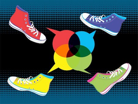 simsearch:400-05283349,k - Colourful sneakers with dialogue balloon on black background. Vector available Stock Photo - Budget Royalty-Free & Subscription, Code: 400-05879607