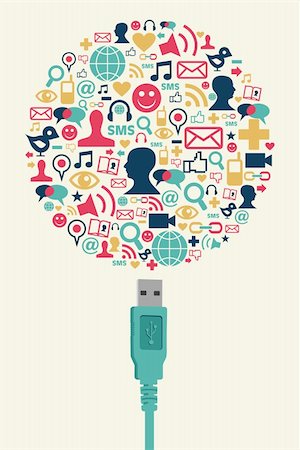 simsearch:400-05294287,k - Single USB plug connects a globe made with social media icons on cream background. Vector file available. Stock Photo - Budget Royalty-Free & Subscription, Code: 400-05879624