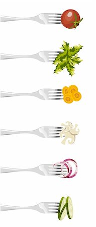 fork illustration - Six forks with different vegetables in vertical sequence on white background. Stock Photo - Budget Royalty-Free & Subscription, Code: 400-05879626