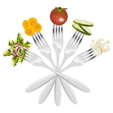 simsearch:400-04304448,k - Five forks with different vegetables on white background. Photographie de stock - Aubaine LD & Abonnement, Code: 400-05879628