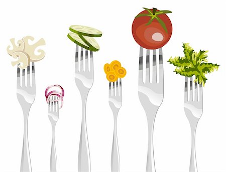 simsearch:400-04304448,k - Six forks with different vegetables in horizontal sequence on white background. Photographie de stock - Aubaine LD & Abonnement, Code: 400-05879629