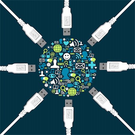 simsearch:400-05877439,k - Social media icons collection in circle shape surrounded by USB wires. Stockbilder - Microstock & Abonnement, Bildnummer: 400-05879623