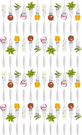 simsearch:400-04304448,k - Forks with different vegetables in vertical pattern on white background. Photographie de stock - Aubaine LD & Abonnement, Code: 400-05879630