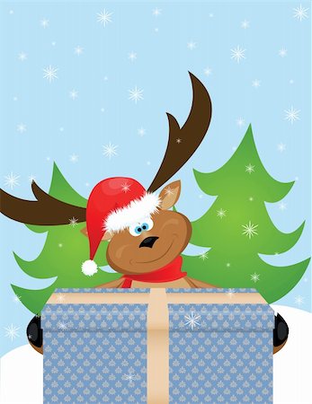 elk on snow - big reindeer with Santa hat and  big gift Stock Photo - Budget Royalty-Free & Subscription, Code: 400-05879874