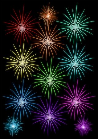 fireworks vector art - set of colored fireworks on black background vector illustration Foto de stock - Super Valor sin royalties y Suscripción, Código: 400-05884348