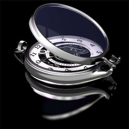 pocket watch - Pocket watch on a black glossy surface. Stock Photo - Budget Royalty-Free & Subscription, Code: 400-05884546