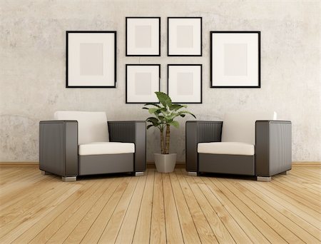 two armchair  against old wall in a living room - rendering Stock Photo - Budget Royalty-Free & Subscription, Code: 400-05884577